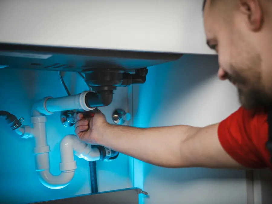 Plumber tightening pipes under a vanity