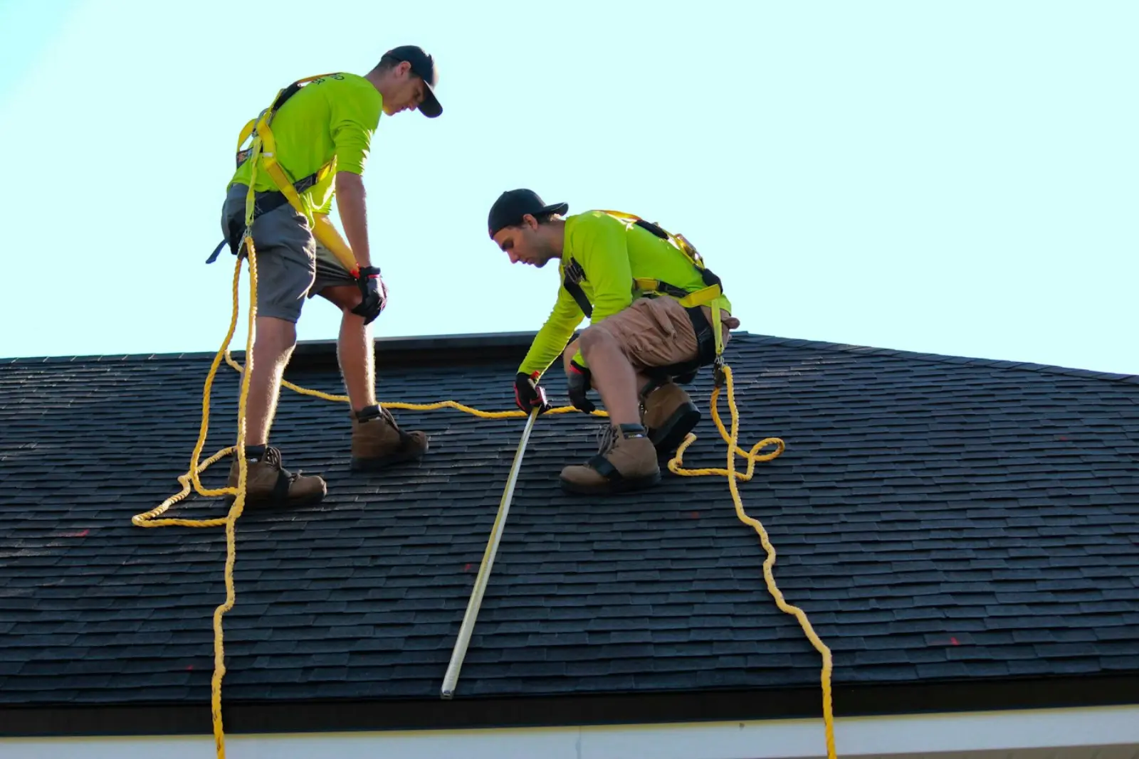 Roofing crew in safety harnesses installing shingles on a pitched roof